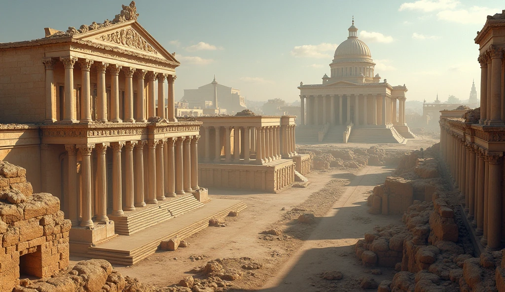 "A montage of famous empires: Roman colosseums, Persian palaces, and Greek temples. The image shows a progression from glory to ruins, with time passing like a breeze through the scene."