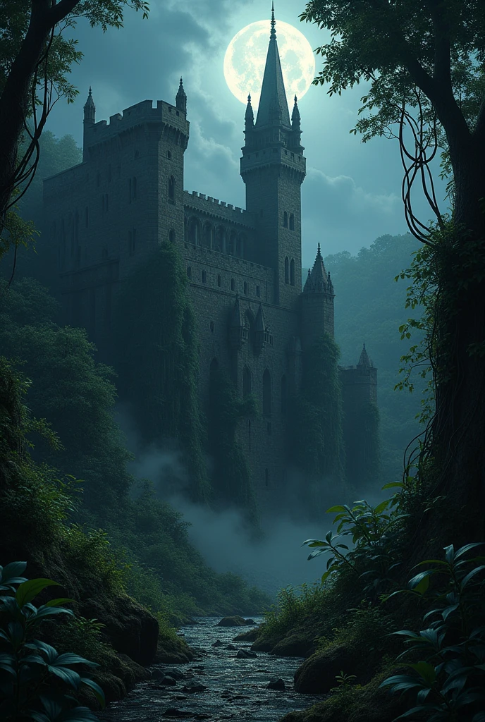 Fantasy medieval europe dark architecture fort in the jungle at night
