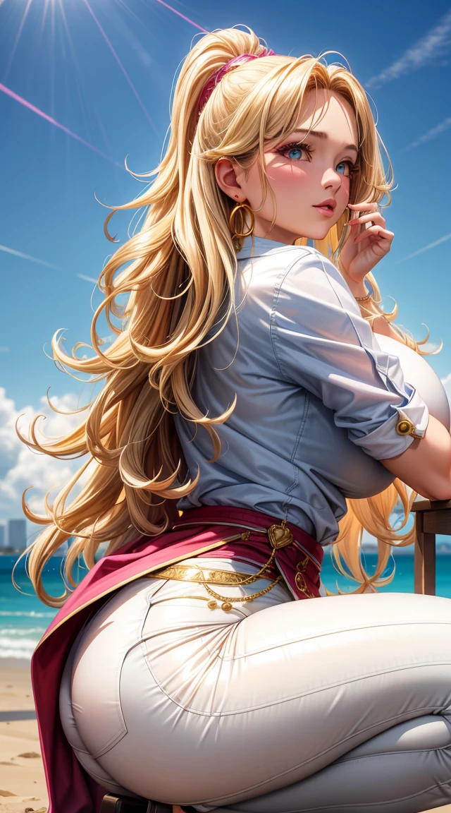 (best quality:1.5, highres, UHD, 4K, detailed lighting, shaders), gold wavy hair, gradient hair, large breasts, pink panties, white shirt, skirt jeans, mature woman , (pov), white background, colorful eyeshadow, dramatic lighting, sparkling eyes, sensual expression, golden earrings, flowing hair, delicate facial features, soft skin, high cheekbones, urban setting, white background, sitting squatting with legs wide open), view from behind.