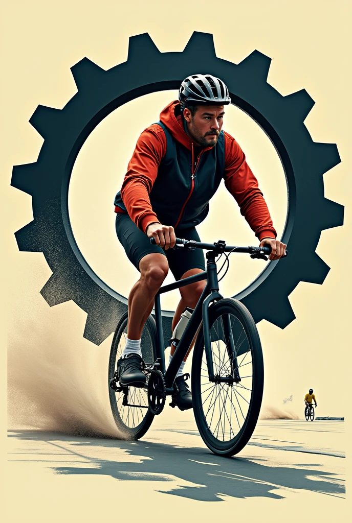 man riding a bicycle with a gear around it with the phrase below ''AnnA BiKe B icicletaria''
