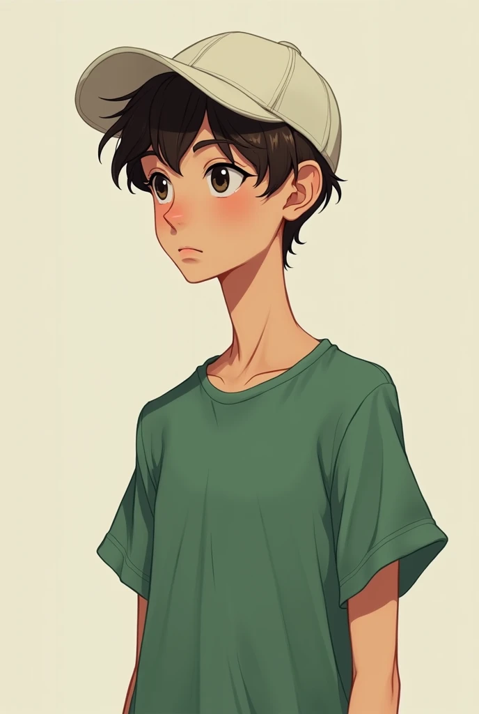 Thin man wearing a green loose fitting t-shirt with short dark brown hair without any hair with doe eyes and long eyelashes and wearing a white cap