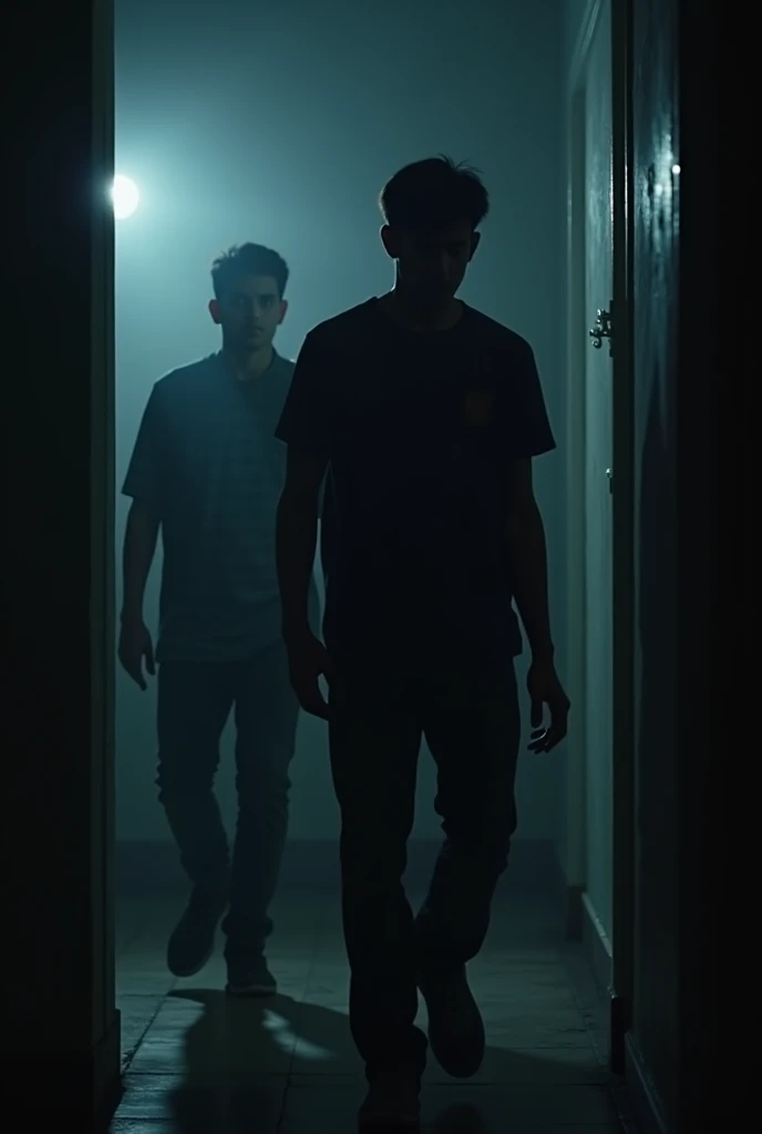imagine prompt: 2d, personality: [Capture a tense moment where Sahil cautiously steps inside a shadowy room, the air thick with suspense. Himanshu is frozen in fear, whispering as he detects a faint sound, while Keshav peers anxiously over his shoulder] unreal engine, hyper real --q 2 --v 5.2 --ar 16:9