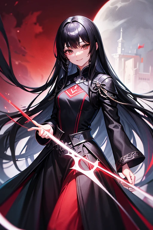 girl black hair straight long hair black dress long skirt silver rapier smile madness castle night red moon