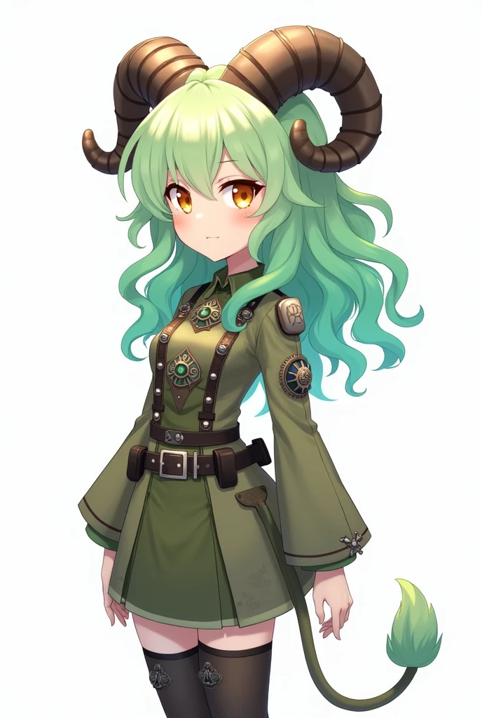 ((Live 2D)) masterpiece, 1 girl, whole body, standing straight, steampunk clothing, military clothing, I look at the viewer, detailed face, girl with green Wavy hair, bang, metal sheep horns, gradient hair, multicolored hair, Light green hair, turquoise hair ends, Wavy hair, eye gradient, orange eyes, (simple background, White background: 1.3)