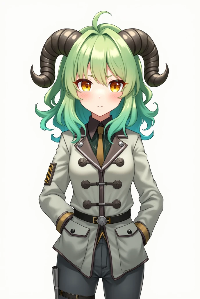 ((Live 2D)) masterpiece, 1 girl, whole body, standing straight, steampunk clothing, military clothing, I look at the viewer, detailed face, girl with green Wavy hair, bang, metal sheep horns, gradient hair, multicolored hair, Light green hair, turquoise hair ends, Wavy hair, eye gradient, orange eyes, (simple background, White background: 1.3)