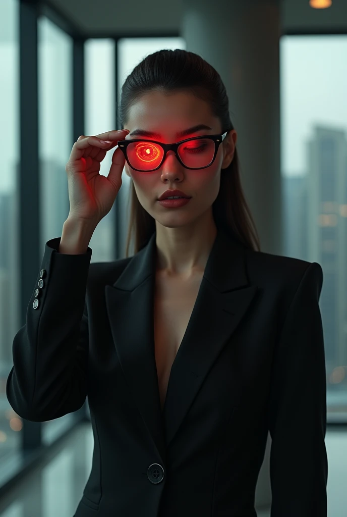 A striking portrait of a successful businesswoman, exuding confidence and power. She is dressed in a stylish, black business suit and has a sleek hairstyle. A mysterious, ferocious beast is hidden within her, symbolized by a glowing red eye revealed when she removes her glasses. The background is a modern, corporate setting, with glass walls and a city skyline. The overall ambiance is both powerful and mysterious, showcasing the duality of her personality.