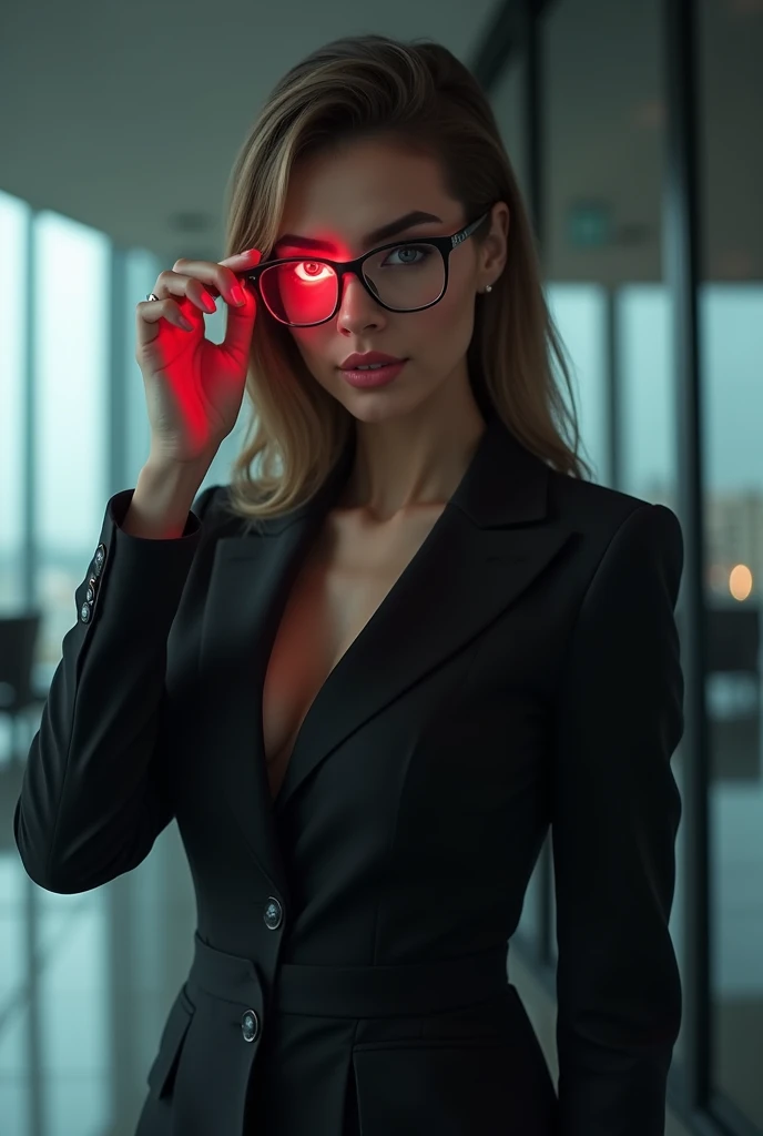A striking portrait of a successful businesswoman, exuding confidence and power. She is dressed in a stylish, black business suit and has a sleek hairstyle. A mysterious, ferocious beast is hidden within her, symbolized by a glowing red eye revealed when she removes her glasses. The background is a modern, corporate setting, with glass walls and a city skyline. The overall ambiance is both powerful and mysterious, showcasing the duality of her personality.