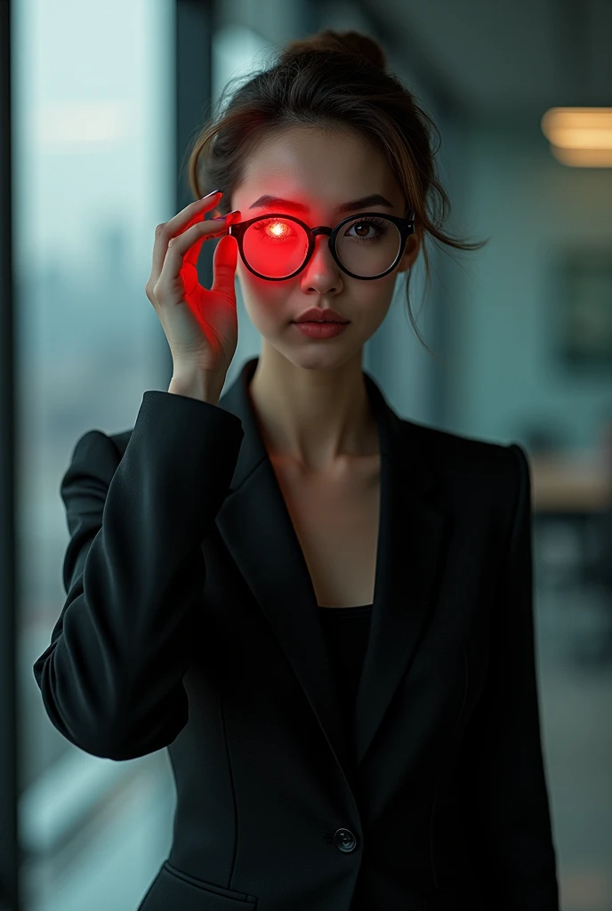 A striking portrait of a successful businesswoman, exuding confidence and power. She is dressed in a stylish, black business suit and has a sleek hairstyle. A mysterious, ferocious beast is hidden within her, symbolized by a glowing red eye revealed when she removes her glasses. The background is a modern, corporate setting, with glass walls and a city skyline. The overall ambiance is both powerful and mysterious, showcasing the duality of her personality.