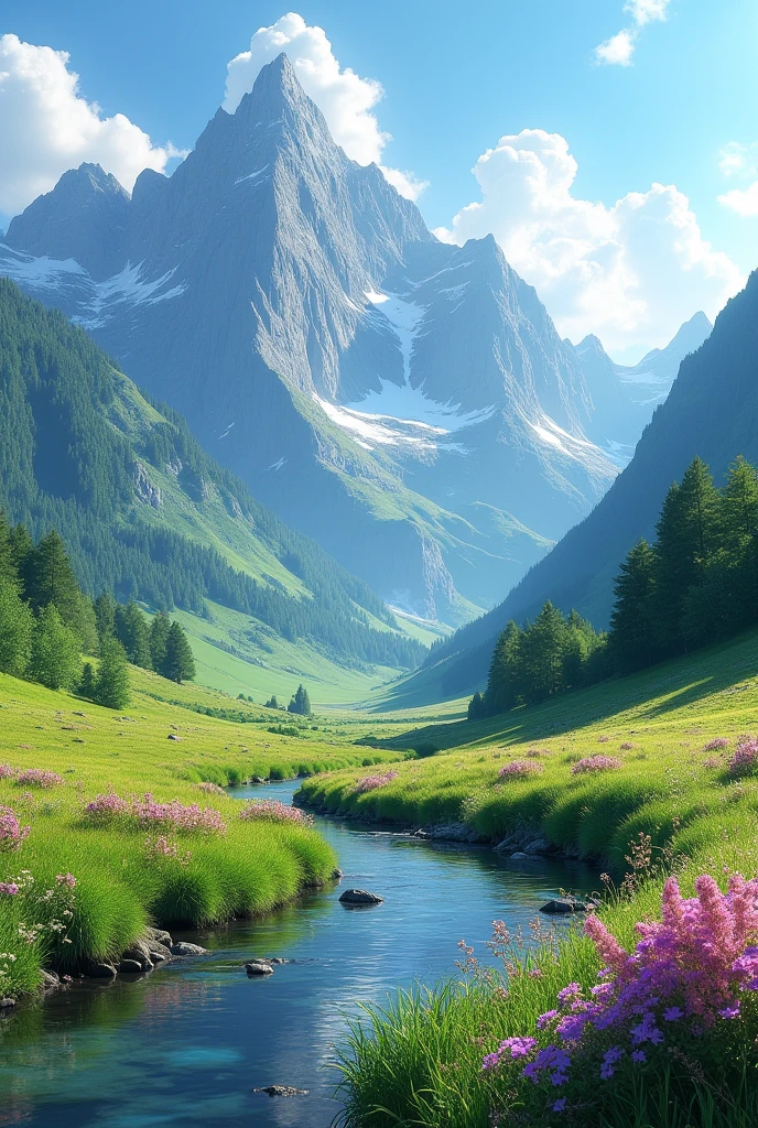 "Create a breathtaking landscape inspired by the Swiss Alps, featuring towering, rugged green mountains with sharp peaks under a bright blue sky. In the foreground, include a clear, flowing river reflecting the sunlight, with vibrant wildflowers in shades of pink and purple scattered along the riverbank. The scene should evoke a sense of serenity and natural beauty, with lush greenery covering the valley and snow patches visible on the mountain slopes."