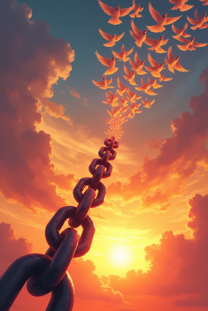 A heavy chain dissolving into a flock of birds, soaring into a beautiful sunset sky. The chain represents the constraints of pride, while the birds symbolize freedom, lightness, and new beginnings.