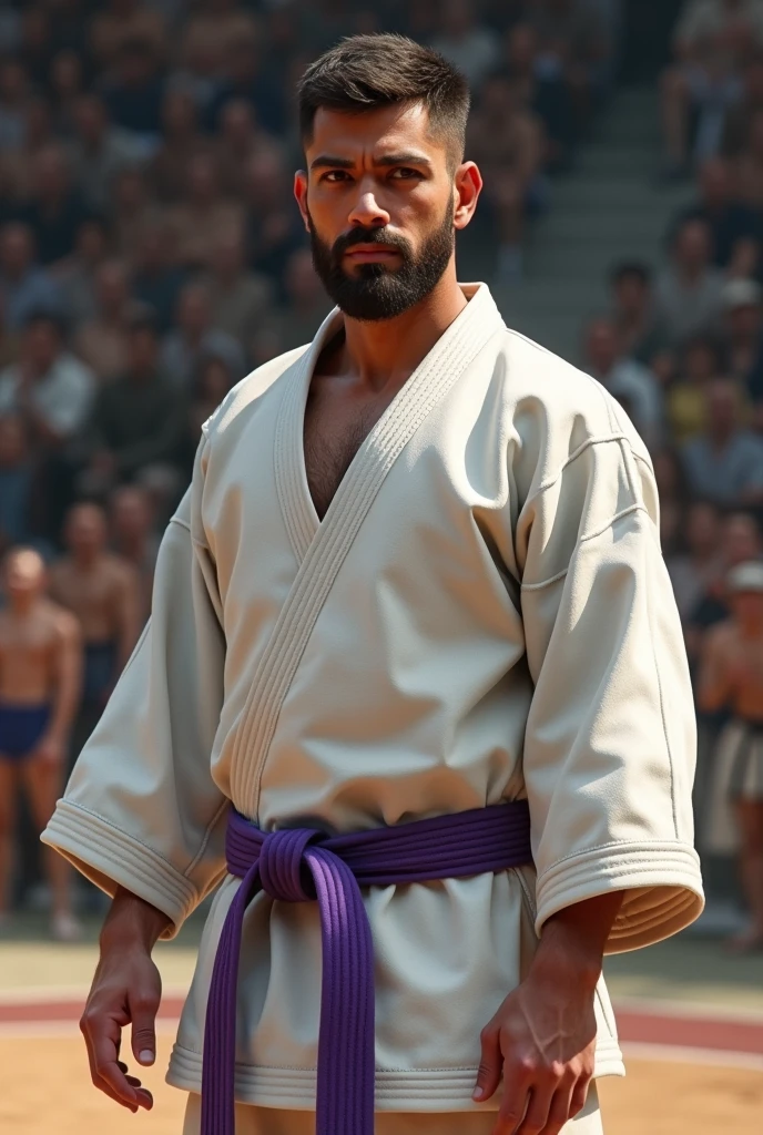 Young karateka man, with a beard and short hair, wearing kimono and purple belt, in a karate championship