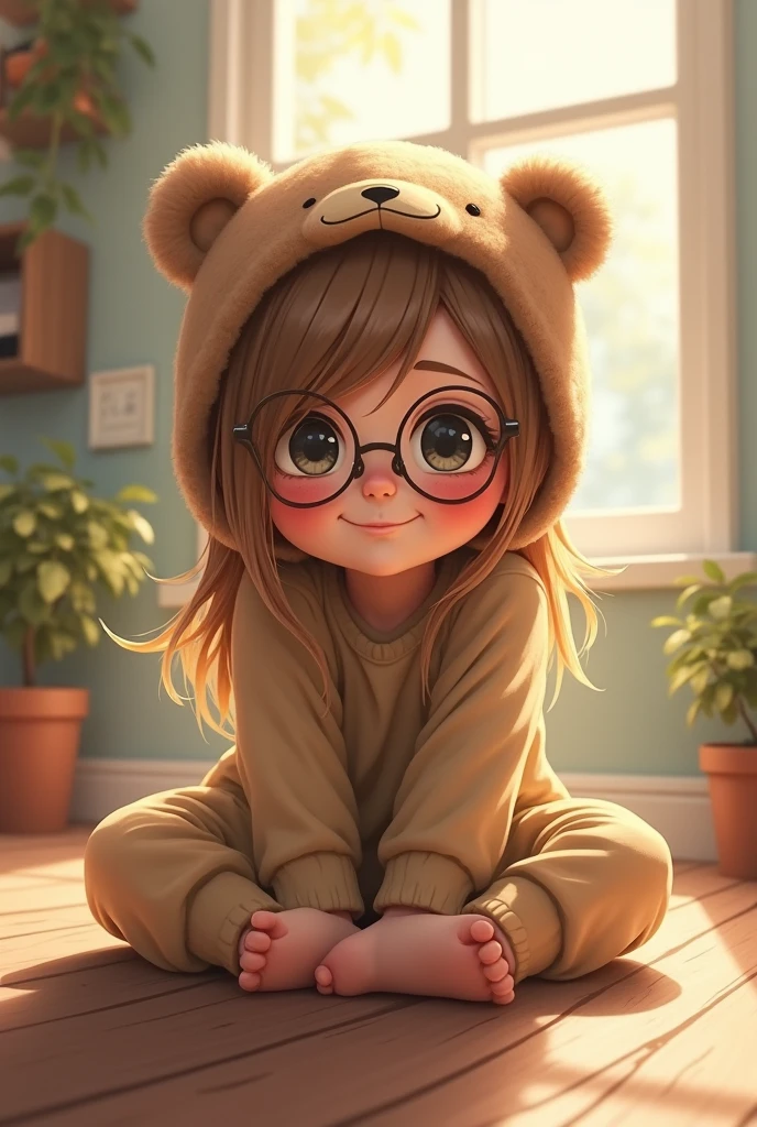 don't fly, with rosy cheeks, long hair light brown color, eyes black, Grinning, sitting on the floor, with teddy bear cap and glasses