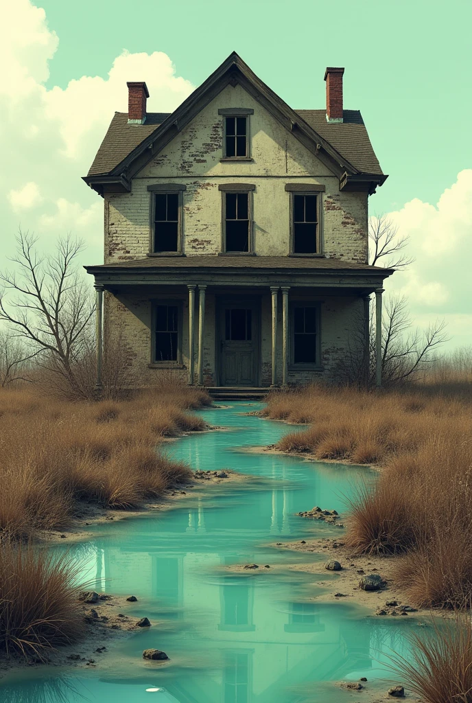 Generate an image that has a house and from that house comes contaminated water, dirty water