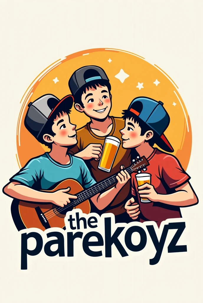 logo of three male Filipino
friends, one holding a glass of beer, the other holding a guitar, the boy in the middle has a mole on his cheek, then there are all wearing snapback cap and below the logo there is the lettering The Parekoyz