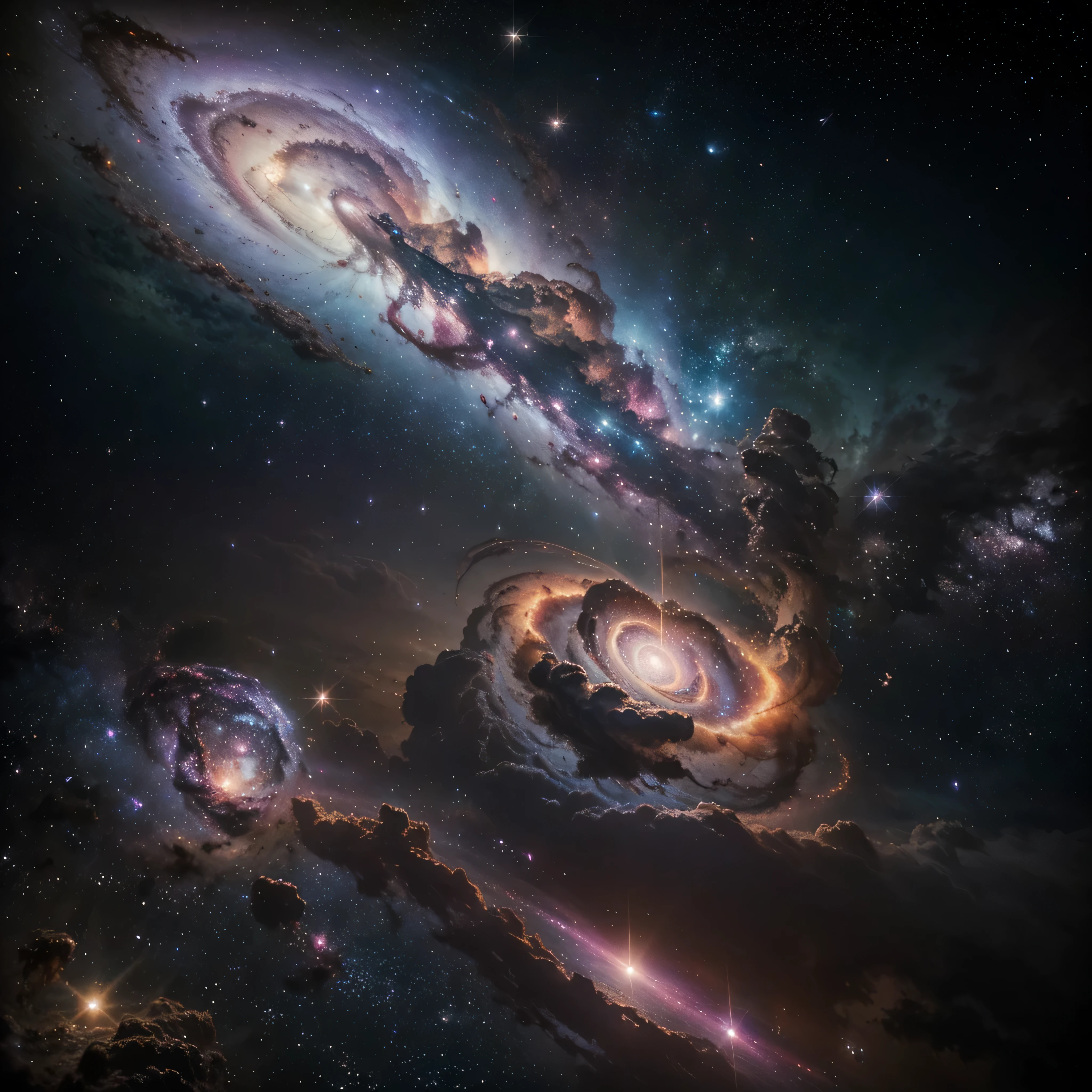 Create a photorealistic image of a deep space nebula, with clouds of gas and cosmic dust spreading over vast areas. The nebula must be rich in colors, including vibrant shades of purple, Pink, blue and gold, with filaments of light shining through the dust particles. In the center of the nebula, bright young stars are being born, emitting an intense light that illuminates the surrounding clouds. The scene must convey the grandeur and chaotic beauty of star formation