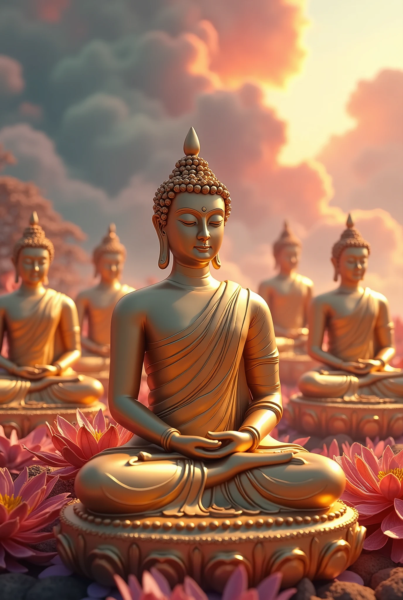 Buddha statues,Golden Body,Colorful clouds,Three-dimensional ancient style,Plant luminescence,Photography style,Lifelike,Clarity,illumination,high quality,Reality,8k,HD,