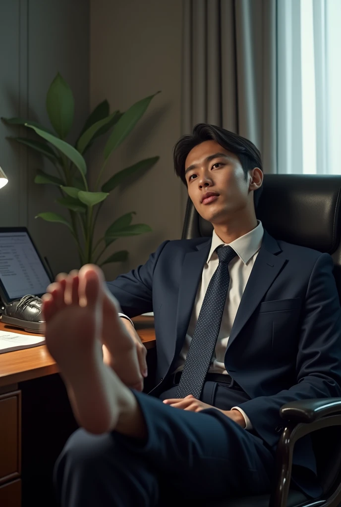 Malay 25 years steward from Malaysia Airline
Suit and tie
Focus Puma shoes on table
Feet on desk
Focus Black sock on table
5 toes each feet
Focus on feet
A man lick his feet