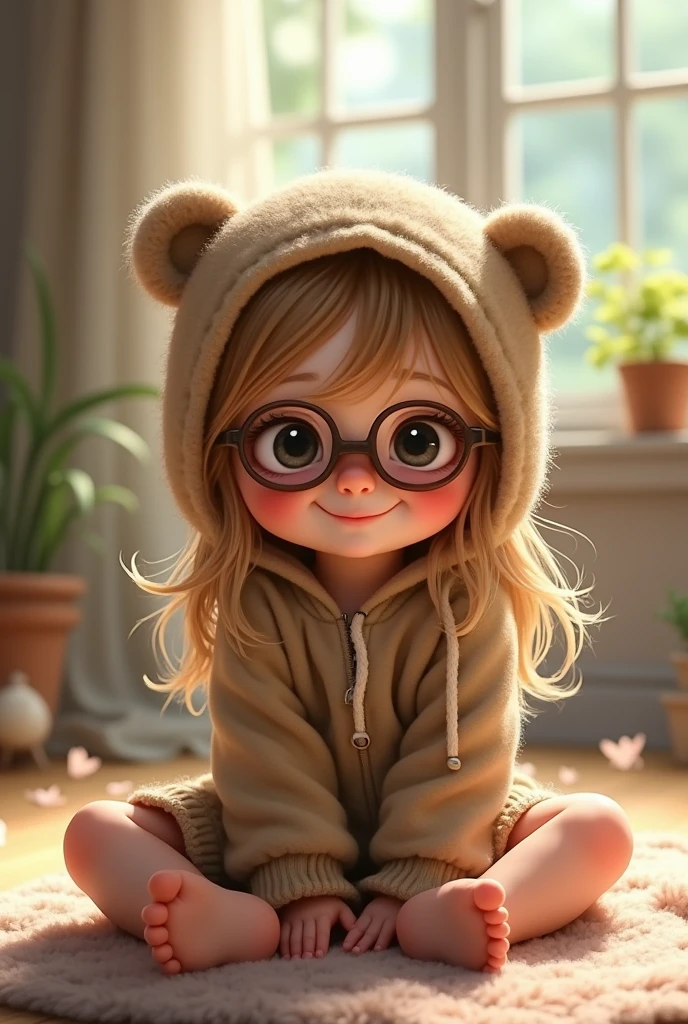 don't fly, with rosy cheeks, long hair light brown color, eyes black, Grinning, sitting on the floor, with teddy bear cap and glasses