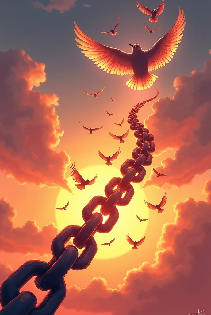 A heavy chain dissolving into a flock of birds, soaring into a beautiful sunset sky. The chain represents the constraints of pride, while the birds symbolize freedom, lightness, and new beginnings.