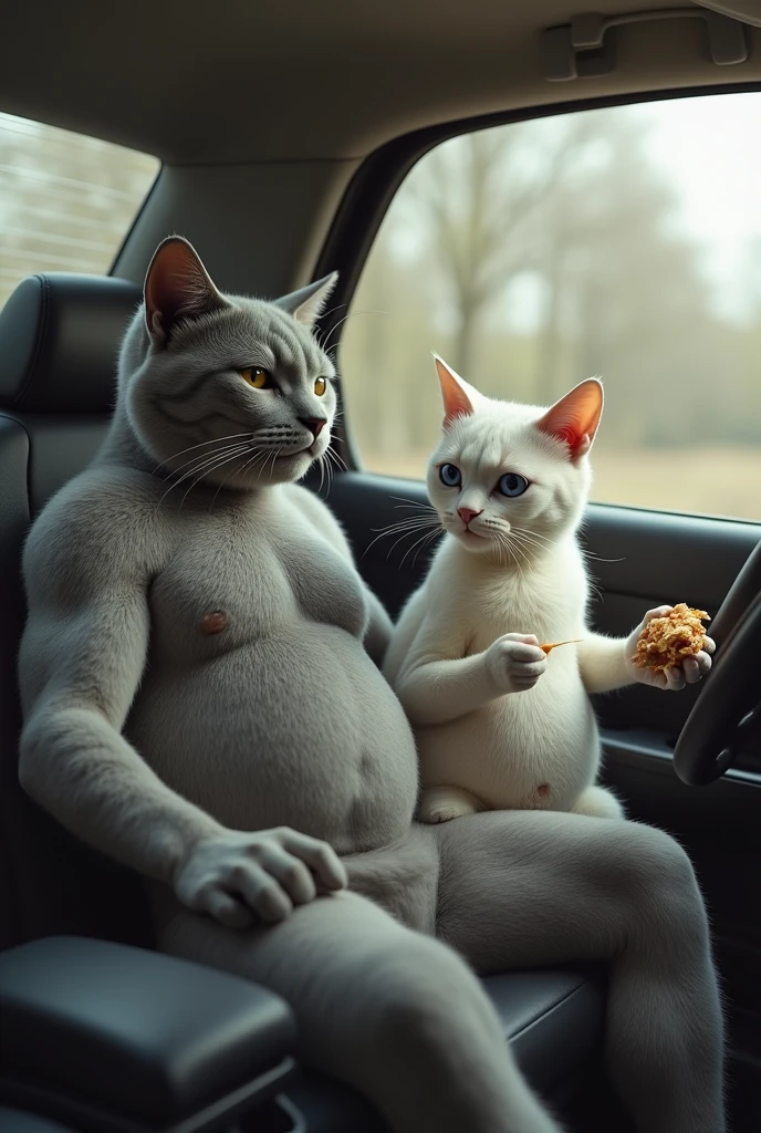 Adult Gray cat is muscular, he is like a human, his hands are like a human&#39;s. I went into the house and my wife is a cat, she is white, she is pregnant, they are eating in the car 