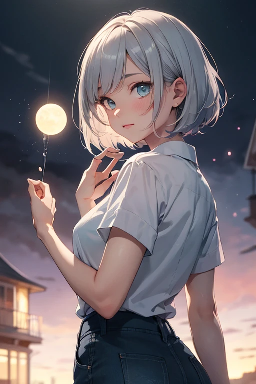 ((best quality)), ((masterpiece)), (detailed), 1girl, cute holding the moon in the left hand 宇宙 Pink Light Blue yellow Colorful Casual Outfits Silver Ash Bob Fantastic
