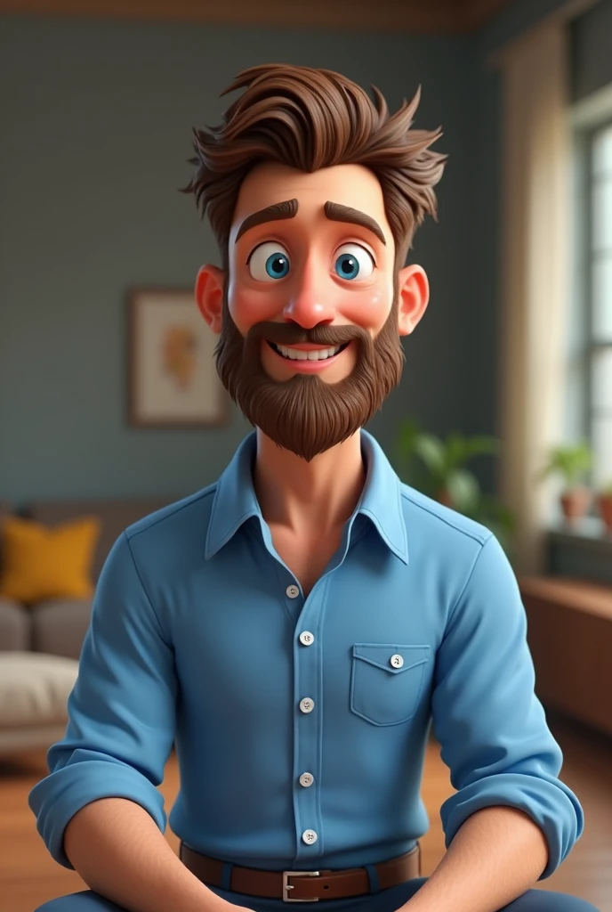 Cartoon character of a man in a plain blue dress shirt, blue colored eyes, age 45, beard made, curly hair, weighing 80kg, an animated character, stylized character, animation style rendering, 3d stylized, Arnold Maya rendering, Stylized 3D rendering, toon render screenshot, 3d character, 3d character, Stylized 3D rendering, 3D character rendering, cartoon character, Personagem de close up, character posing, (Pixar-style) (master part:1.2) (bokeh) (best qualityer) (skin detailed) (detailed texture) (8k) (Argilla) (cinematic lighting) (sharp focus,Sit down and lift your upper body
