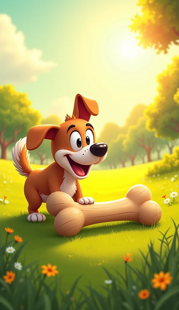 A dog in a green field, wagging his tail with excitement, finds a big, juicy bone lying on the ground.
Show as cartoons