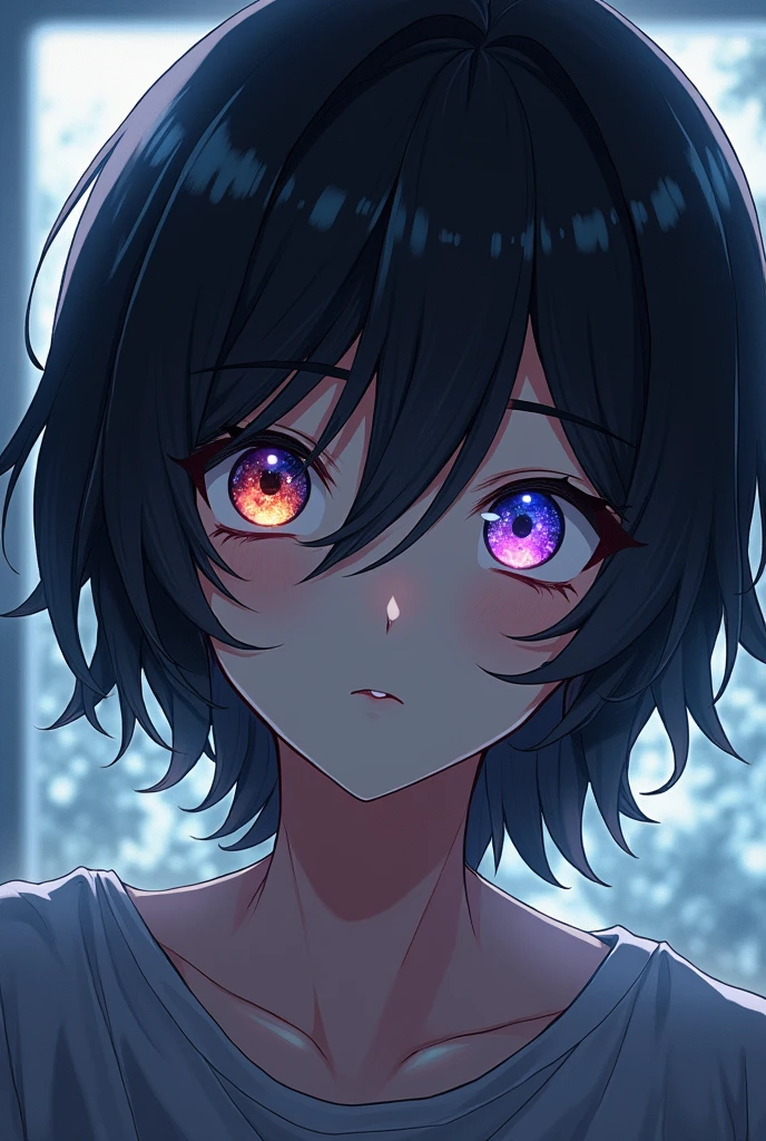 Anime art style, captivating portrait of Kay J, expressive features highlighted with large, emotive eyes, a man with dark hair reaching his shoulders, with galaxy-colored eyes