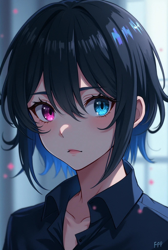 Anime art style, captivating portrait of Kay J, expressive features highlighted with large, emotive eyes, a man with dark hair reaching his shoulders, with galaxy-colored eyes