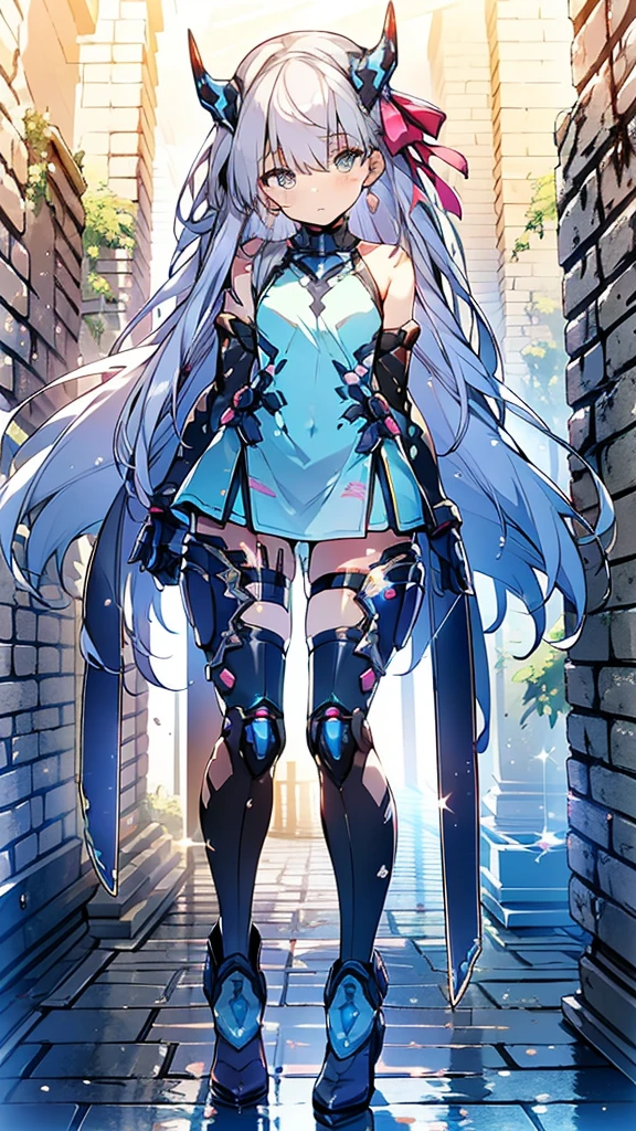 ((full body)), Girls in Anime, Blue and grey metal armor, Blue hand and thigh accessories, Short dark blue-gray hair, hair accessory, Grey Eyes, Silver earrings, nose, Curious, Healthy Skin, Very dirty, head, shoulder, Small box, arms, Have a map, Narrow waist, feet, Medium thighs, Has black robotic legs, cute, Bright colors on the shirt, Futuristic marble white palace, Shining light in the sky, Stand next to a wall, Cinematic Light, High resolution, Highest quality, Super detailed, Detailed face, (Detailed eyes), Highest quality, Super detailed, masterpiece, (Detailed face), Beautiful face, feetを見せて, 