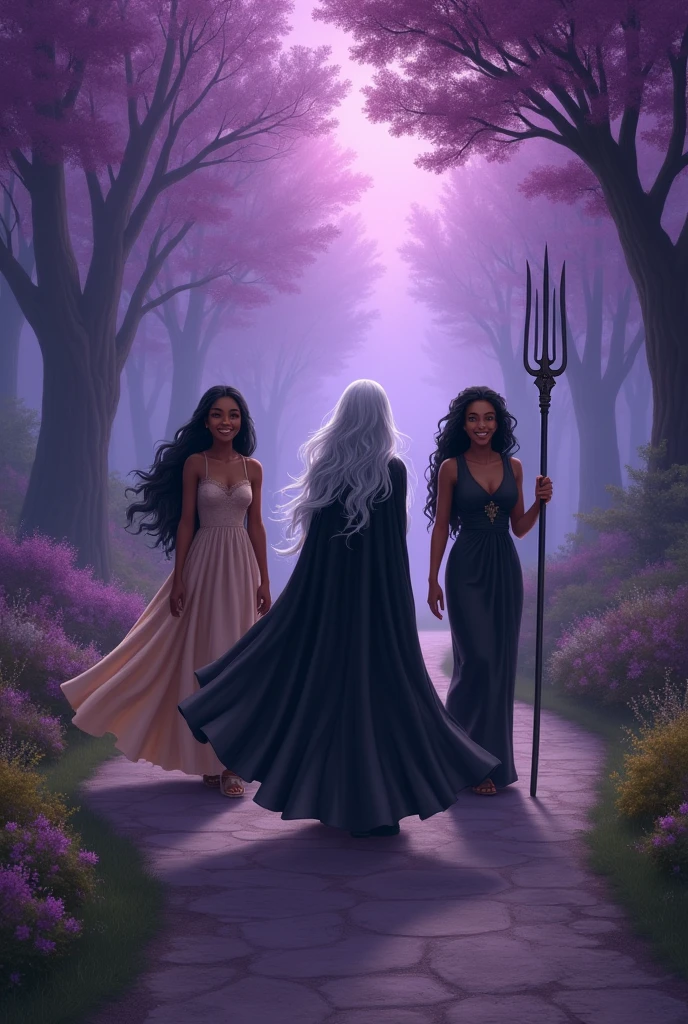 a road with a purple background, with two black women smiling from behind, an old woman with wavy hair, long and gray with a black cape, and a woman with curly hair, black and black with a long black dress holding a trident