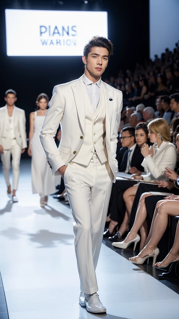 fashion model,solo,male focus,wearing a white fashion suit,watching the audience,walking on the runway of the Paris fashion show