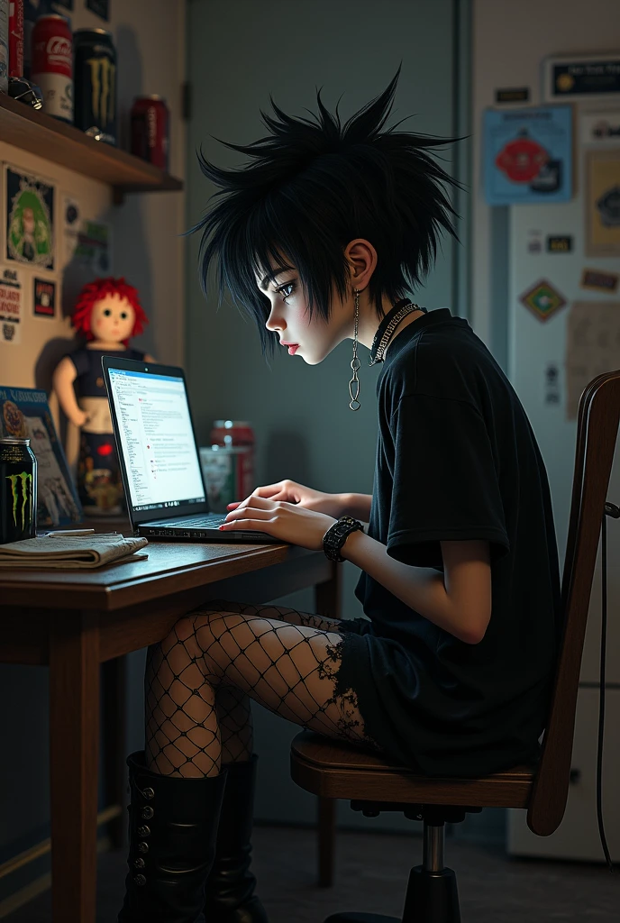 a 70s goth non binary person whos  sitting in front of a laptop with a raggedy andy doll and monster drink cans on the shelf make it like real life