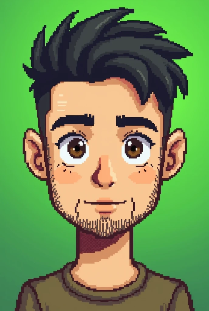 A young Caucasian adult with very light skin in pixel art, he has black shaved hair, brown eyes and a little hair on his face and has a green background behind him. Ele parece o shane de stardew valley