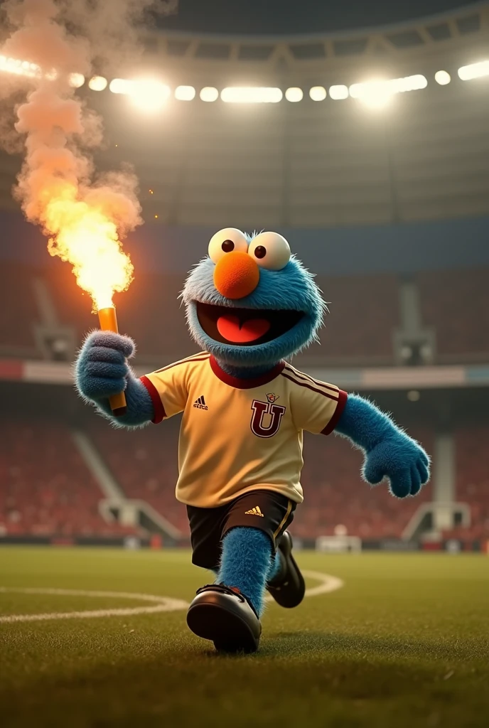 a cheerful blue Sesame Street character, Pancho Sesame, dressed in a cream-colored soccer jersey with a burgundy U on the side of his heart, running in a stadium that has the lights off with a flare in his hand, hyper-realistic, 8k, detailed facial features, realistic lighting, cinematic, photorealistic, warm color tones, dynamic pose, detailed textures, sharp focus, masterpiece