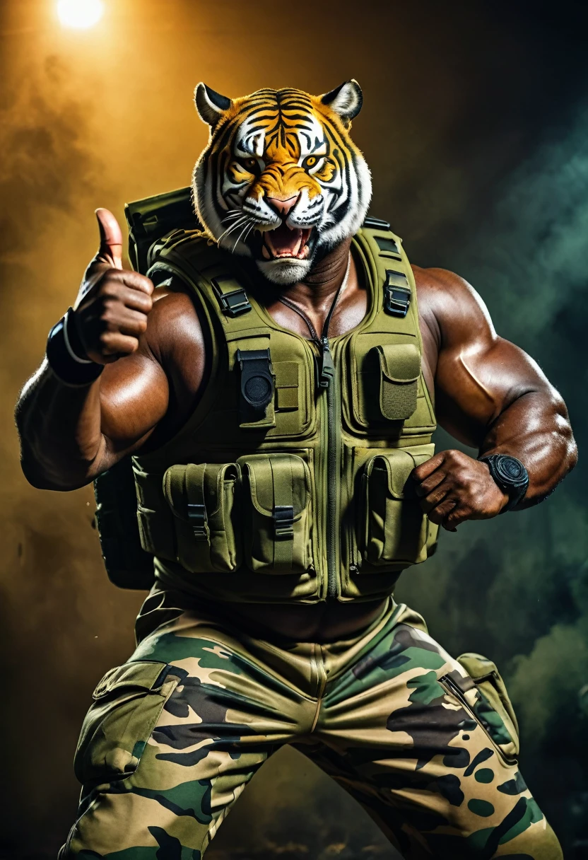 (a dark-skinned muscular fat old man in a bulky army camouflage zipper diver suit) thumbs up pose, carrying an AK-47, (wearing a small-sized realistic roaring tiger mask), dynamic action pose, fierce expression, roaring, showcasing an imposing stature, surrounded by military elements, dramatic shadows and intense highlights, cinematic color tones, high detail, powerful, art influenced by Bruce Onobrakpeya and Stanley Artgerm, ultra-detailed, best quality image, action-packed atmosphere. field background