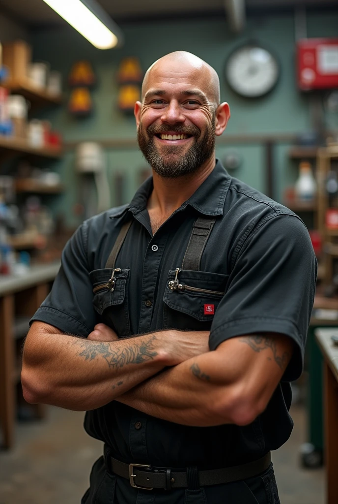 Tall man, shaved hair very short, big smile, dark blonde hair and beard and super fair skin, with a mole on his cheek and receding hairline in a truck repair shop dressed in black