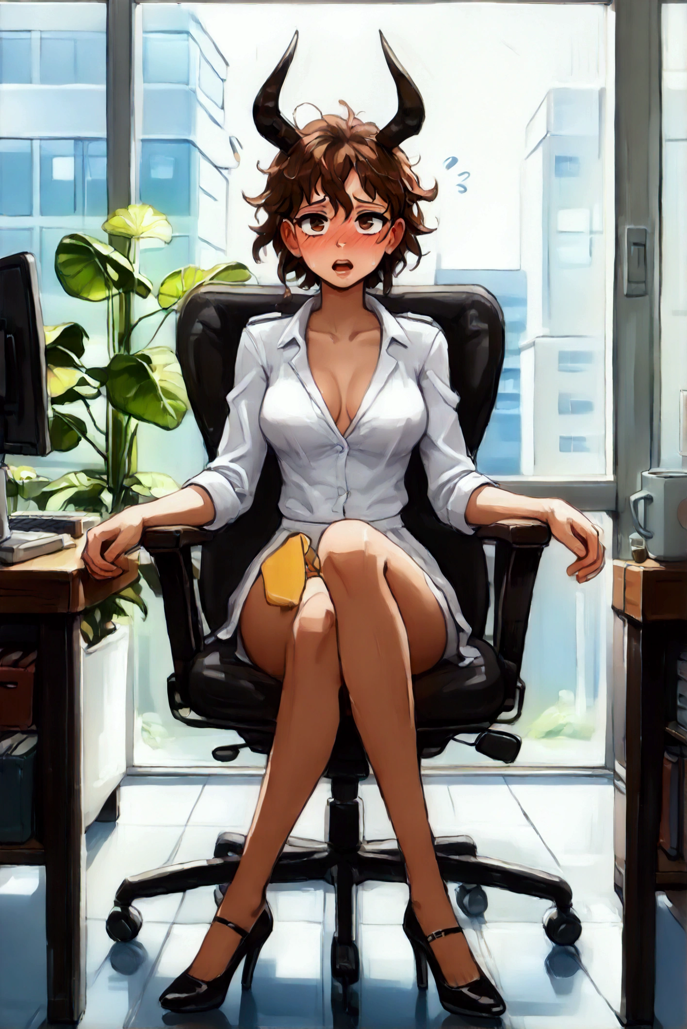 A Profesional woman working in a moderno office environment,spacious and bright office,natural light streaming through large windows,a stylish and ergonomic desk setup, multiple computer monitors and cutting-edge technology,organized and tidy workspace,a comfortable and adjustable office chair, inspiring artwork adorning the walls,green plants adding a touch of nature, a relaxing color palette with neutral tones, score_8_above, score_7_above, score_6_above, (cowboy shot), BREAK, 1 girl, 30 years, female, short, slim and horny girl, king, wavy fur, cute and mature, exhausted, (black heels:1.0), (medium breasts, shoulder length hair:1.5), BREAK, luxury office, Sitting in a swivel chair, open legs, perfect proportions. BREAK (completely nude:1.2), (naked:1.2), wearing white ankle socks, (embarrassed, panicking, upturned eyes, full-face blush, open mouth, parted lips:1.3) juicy thighs, round buttocks, thick thighs, Big Butt, medium sized breast, big dips, small waist, slim arms, brown eyes. She is wearing white ankle socks. masturbating in her office, legs spread, open legs, touching herself, orgasm face, ahego face, caught, BREAK (completely nude:1.2), (naked:1.2), wearing white ankle socks, horny woman, ((messy hair)), panoramic view, masturbating in her office, legs spread, open legs, touching herself, touching her pussy. crowd in the background,masterpiece,of the highest quality,High resolution,anatomically correct. people looking at her, people laughting at her,