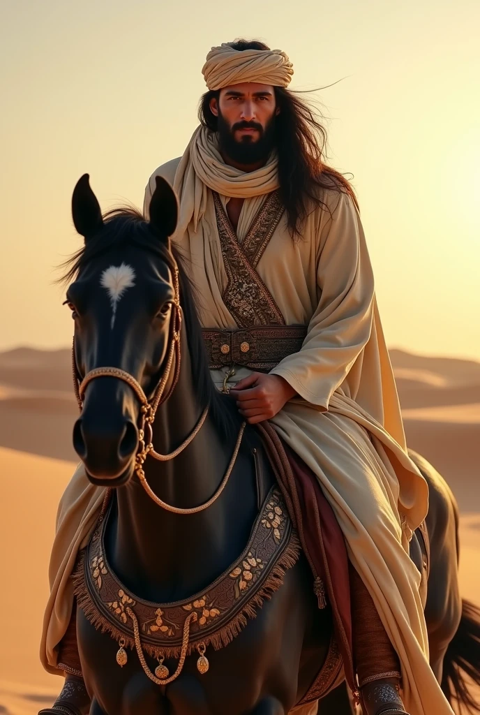 A arabian man with long hair and sword and sitting on the black horse at dessert