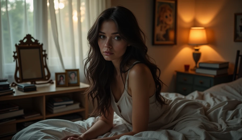 Realistic portrait "A pretty woman, Dark hair and deep gaze, She is sitting on the edge of her bed in a cozy but slightly messy room. The room is illuminated by the soft evening light that enters through the half-open curtains.. The woman's expression is thoughtful and melancholic., with a mix of sadness and acceptance on his face. Around it, you can see some books stacked up, an antique mirror and a couple of framed photographs on a table. The scene conveys a sense of introspection and tranquility after an emotional storm.." with warm light