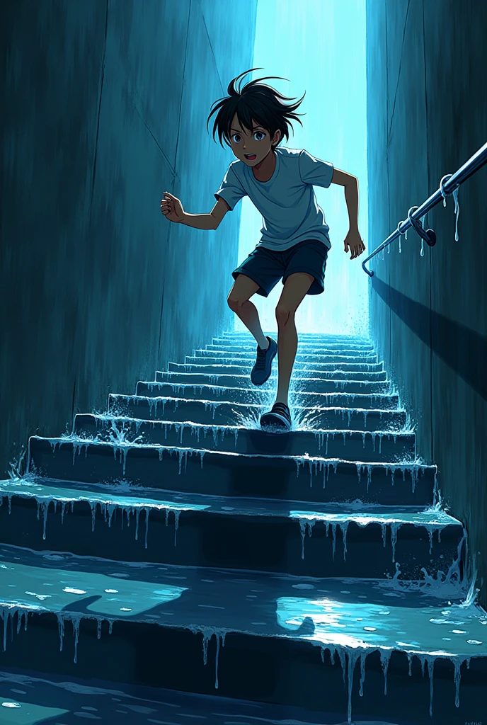 Person running on a wet staircase. animeado 2d