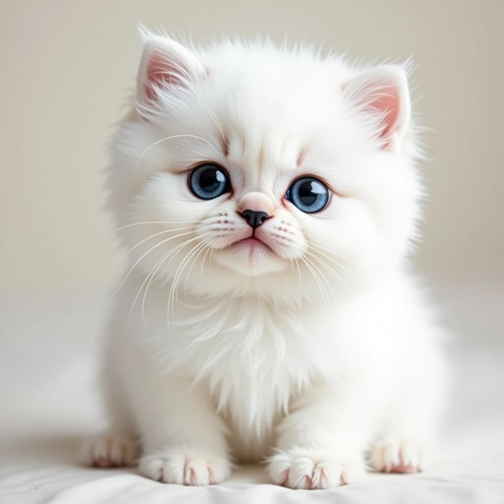 Exotic Shorthair, Features Persian cat, Blue eyes and a black nose、Cute and fluffy white kitten