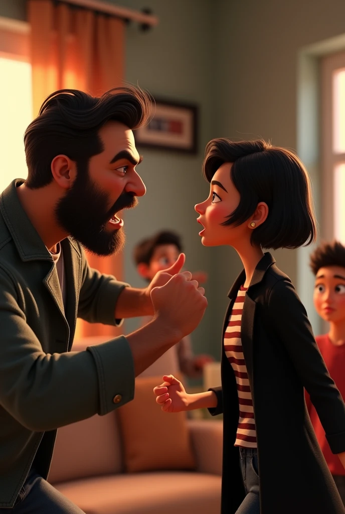An angry bearded man fighting with his finger in the face of a woman with short black hair ,black coat and striped blouses, inside the house and children in the background watching them fight, disney pixar style 3d.