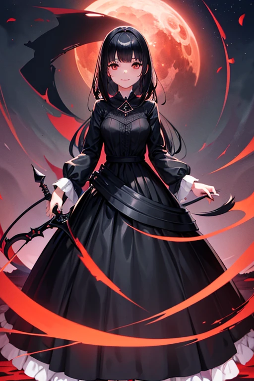 girl black hair hime cut black dress long skirt silver rapier smile madness castle night red moon