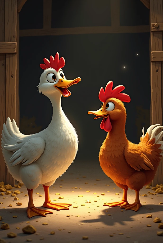 A duck and a hen heard a noise in the barn