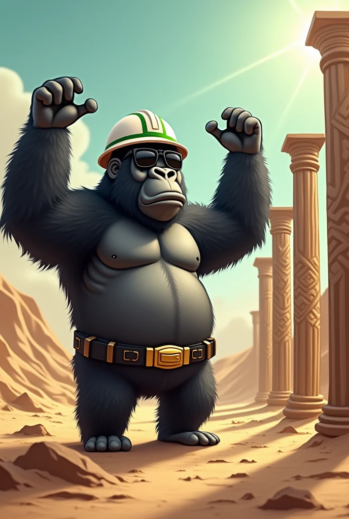 Captured from a low-angle perspective, a cartoon gorilla is standing on a dirt ground. The gorilla is wearing a white hard hat with a green stripe on the top, a black belt with a gold buckle around its waist, and a pair of black sunglasses on its eyes. Its arms are raised in the air, and its head is turned slightly to the left. To the right of the gorilla, there are three tall pillars, each with a unique design on them. The pillars are set against a backdrop of brown sand, and the sun is shining on them, creating a stark contrast to the gorilla's outfit.