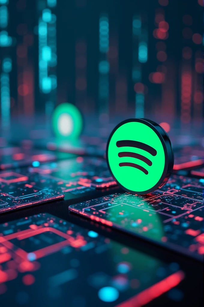 Could you generate a futuristic image inside a computer with the Spotify and Disney Plus logo?
