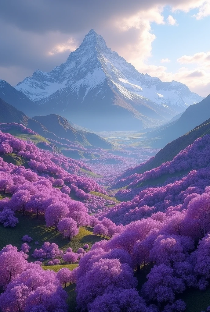 Create a breathtaking landscape featuring rolling hills covered with lush, vibrant purple trees. The scene is set in a mountainous region under a partly cloudy sky, with the sun casting a soft light on the peaks and valleys. The foreground is filled with dense clusters of blooming purple trees, creating a rich, almost surreal tapestry of colors, while the background reveals a mixture of green fields and rugged mountains, adding depth and contrast to the scene."

This prompt should help recreate the beautiful scenery similar to the image you uploaded.










