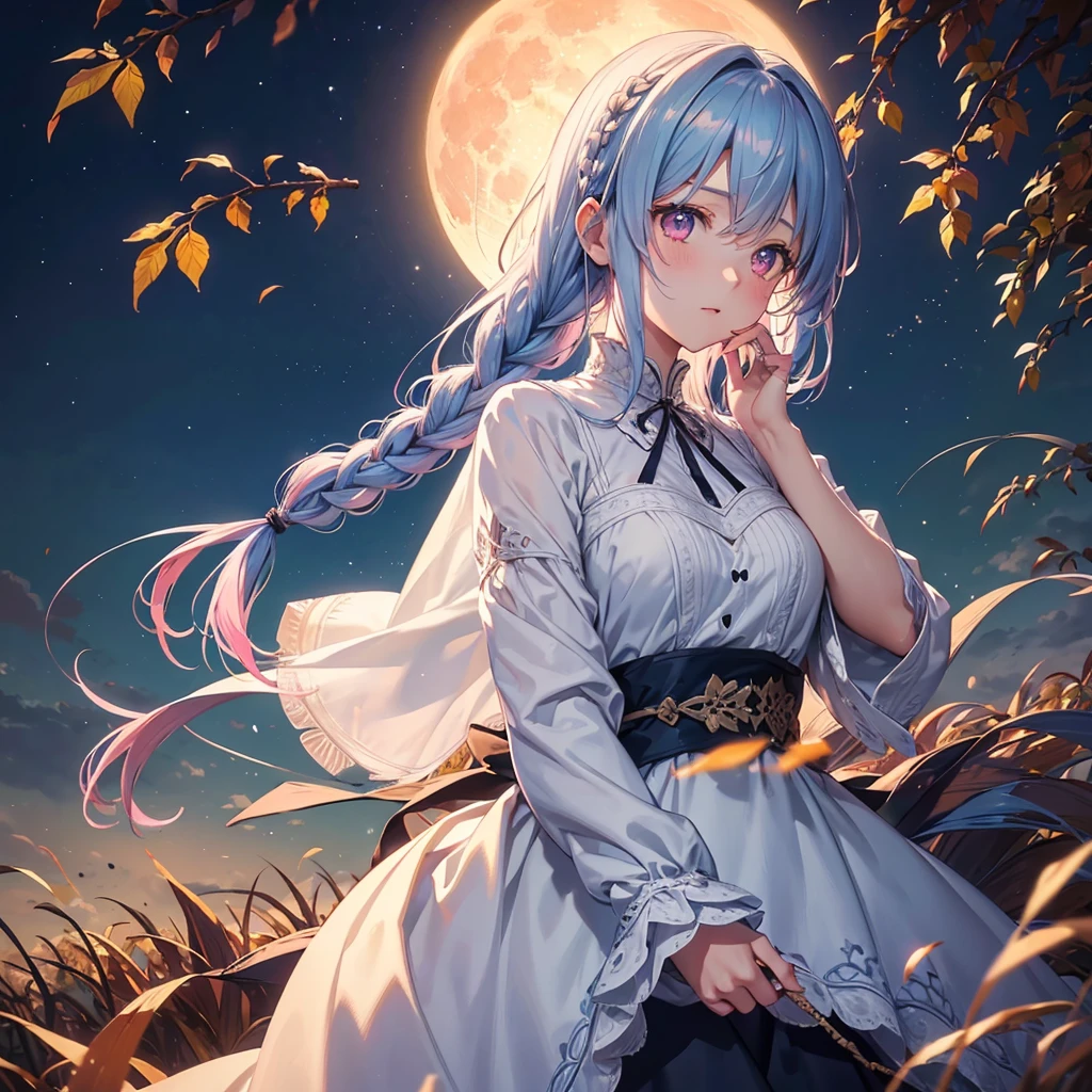 (Braiding hair),(Sky blue medium hair), (Pink eyes),(Fair skin) ,(whole body),(One Girl),(harvest moon),(A large amount of Miscanthus sinensis in the background),autumn,(full moon),(masterpiece, Highest quality, Very detailed, Best Shadow), (Detailed Background), (Beautifully detailed face), High Contrast, (Best lighting, Very delicate and beautiful), ((Cinematic Light)), Hyper Detail,8k, Dramatic Light, Intricate details,Autumn leaf viewing,
