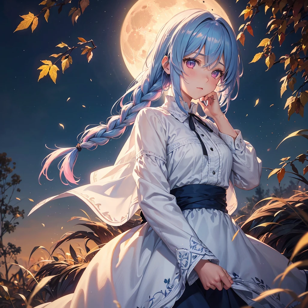 (Braiding hair),(Sky blue medium hair), (Pink eyes),(Fair skin) ,(whole body),(One Girl),(harvest moon),(A large amount of Miscanthus sinensis in the background),autumn,(full moon),(masterpiece, Highest quality, Very detailed, Best Shadow), (Detailed Background), (Beautifully detailed face), High Contrast, (Best lighting, Very delicate and beautiful), ((Cinematic Light)), Hyper Detail,8k, Dramatic Light, Intricate details,Autumn leaf viewing,